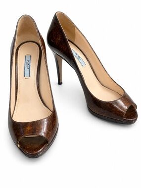 Prada Brown Tortoiseshell Patent Leather Peep-Toe Heels